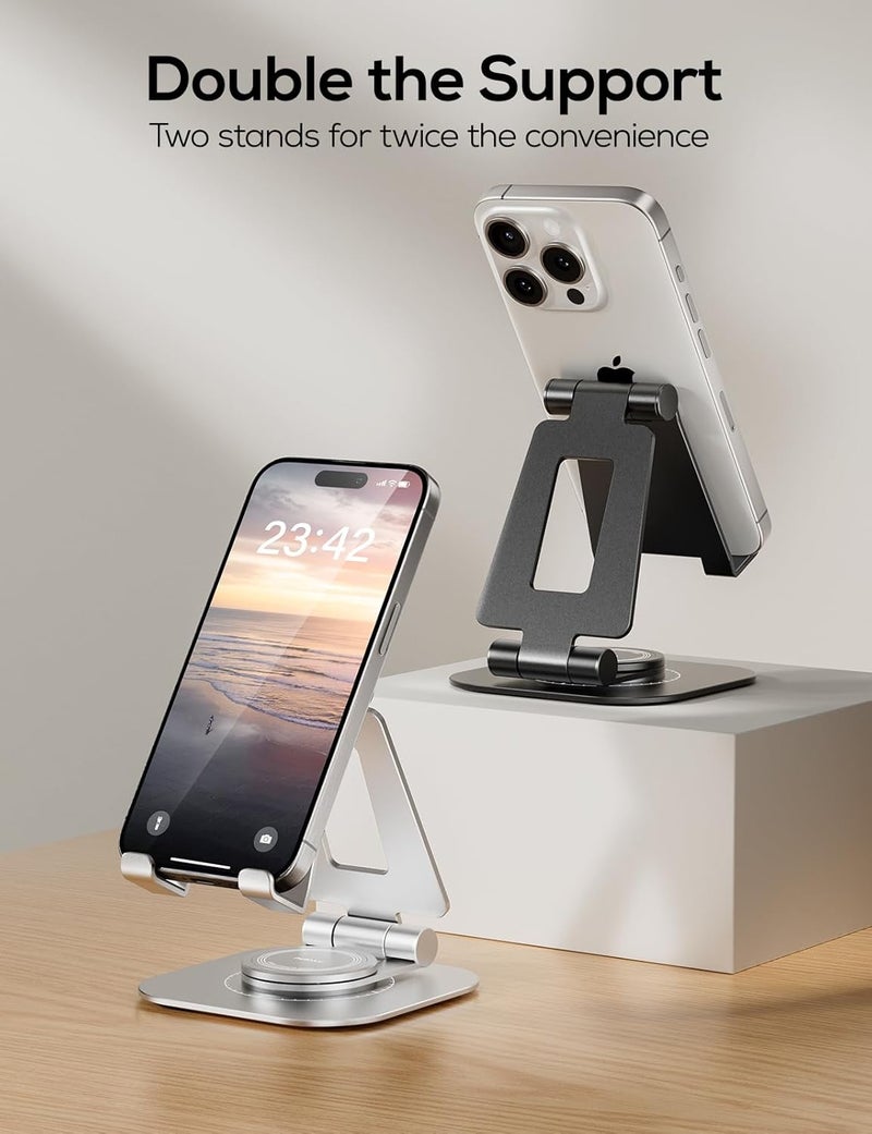 nulaxy 2-Pack 360 Rotating Phone Stand, Fully Adjustable Foldable Phone Holder, Aluminum Desktop Cradle with Swivel Anti-Slip Base, Office Accessories Dock for All Phones, Black & Silver - Image 3